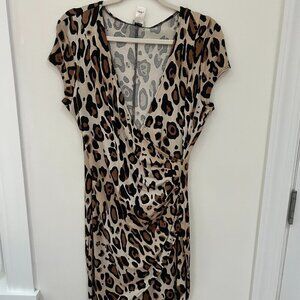 CACHE beige brown animal leopard faux wrap stretch unlined bodycon dress Sz L